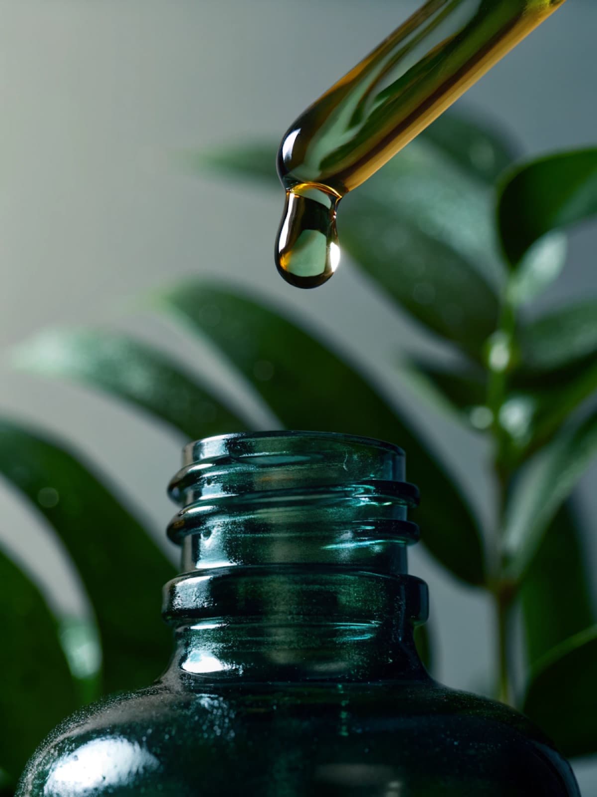 Glass dropper releasing a single drop above a dark green bottle