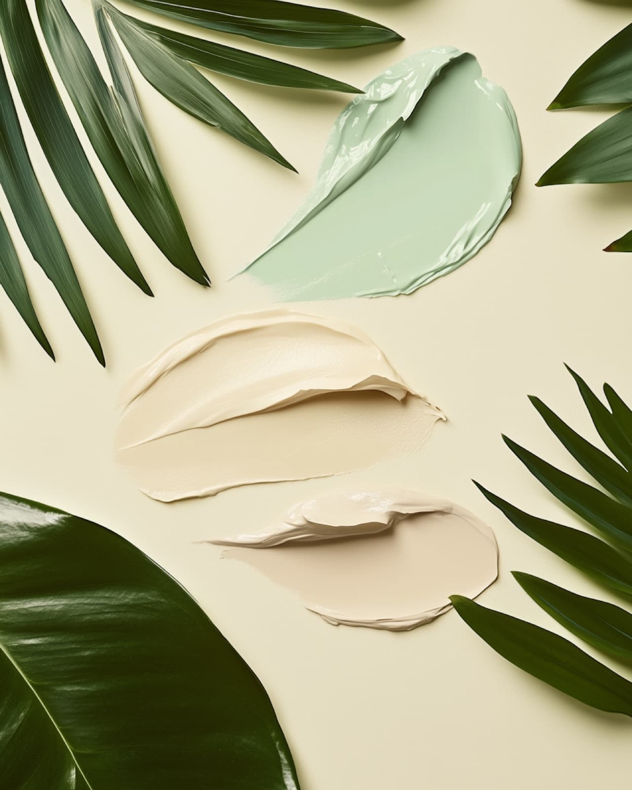 Swatch of whipped cream settling into a matte finish beside green leaves