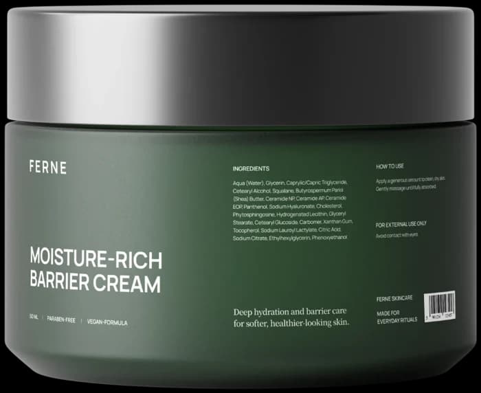 FERNE Moisture-Rich Barrier Cream, 50 ml matte green glass jar with a black metal lid