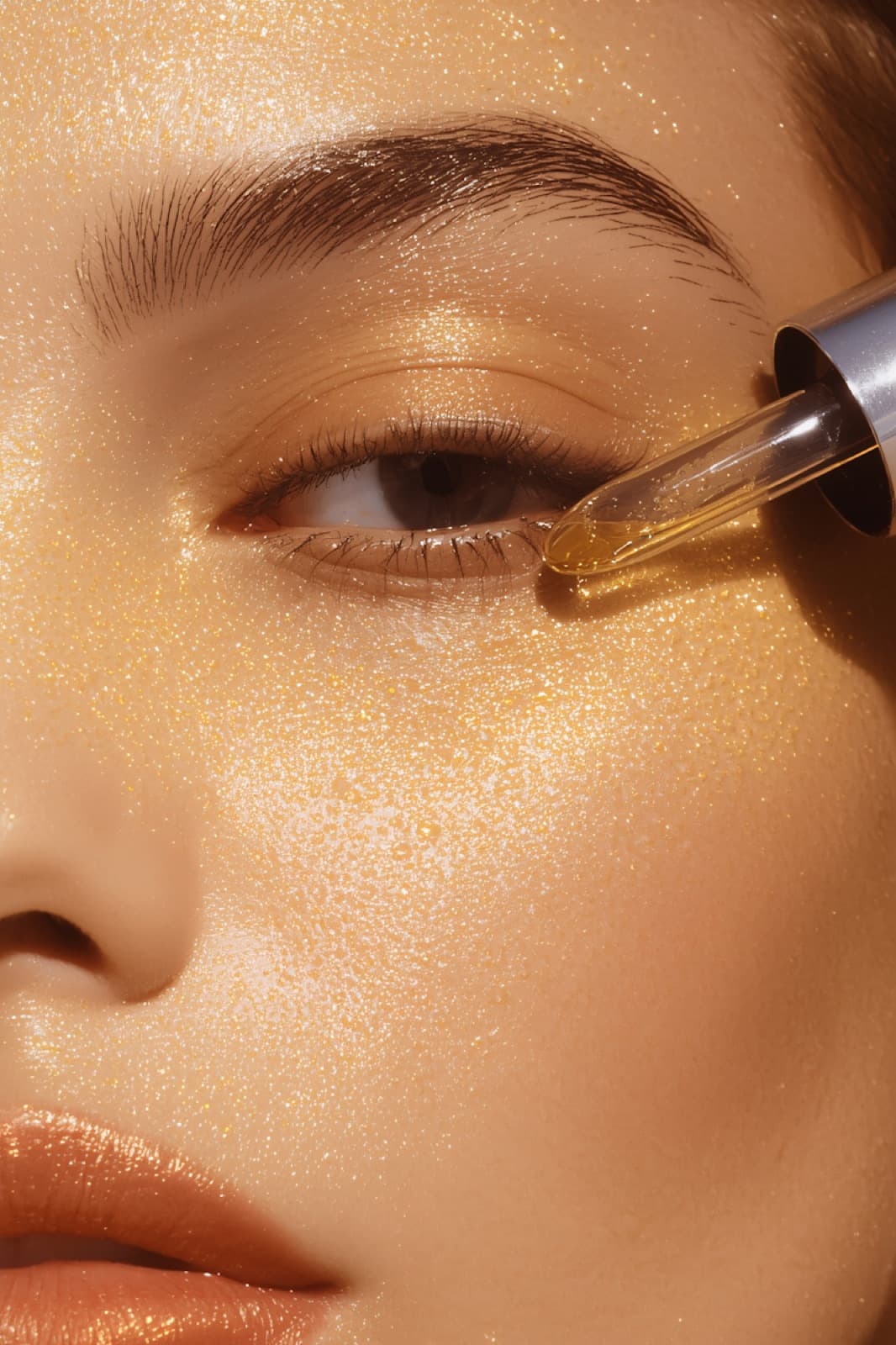 A drop of FERNE serum pressed into the cheek in morning light